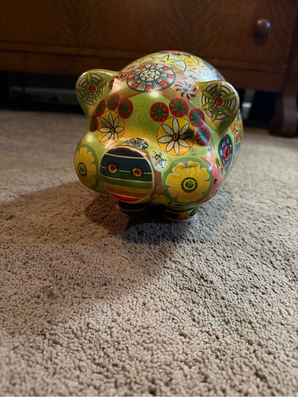 Hand-Painted Green Floral Ceramic Pig Bank